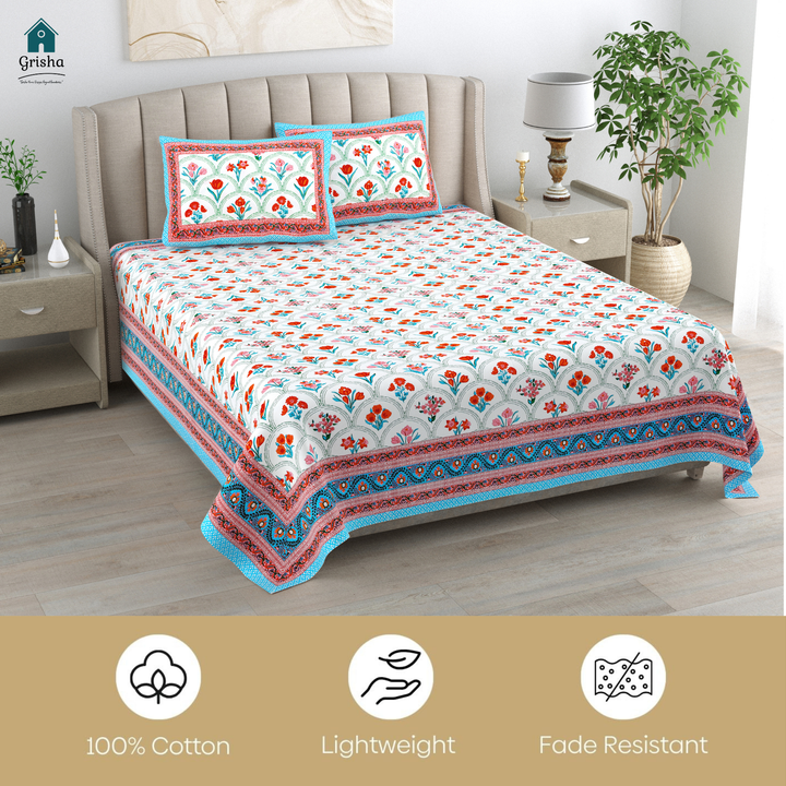 Gul Buti Jaal Pure Cotton King Size Bedsheet –  95 x 108 inch | 186 TC Red & Blue
