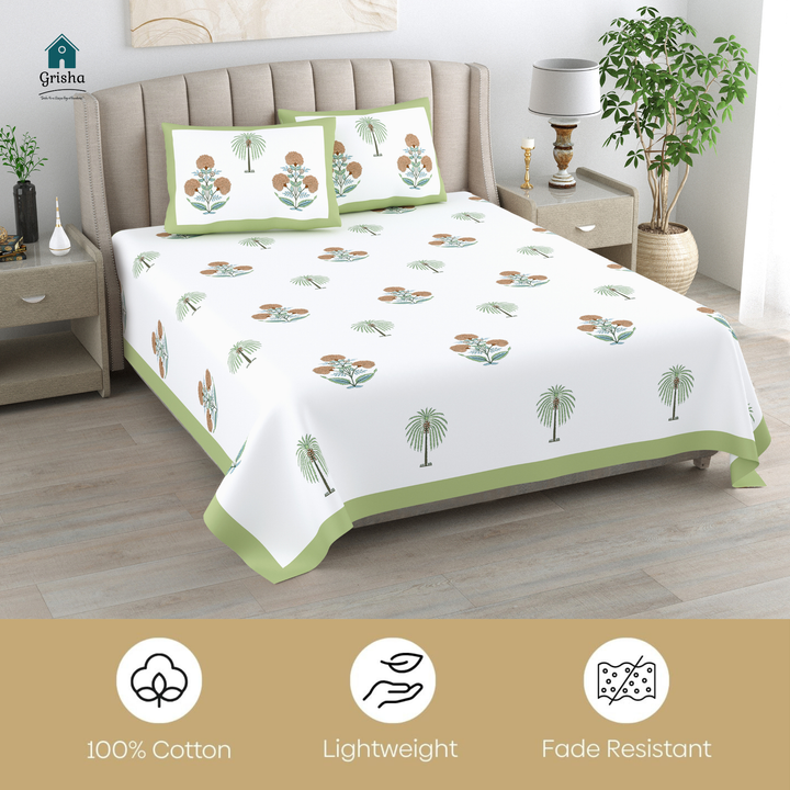 Palm Gul Pure Cotton King Size Bedsheet – 95 x 108 inch | 186 TC White & Green
