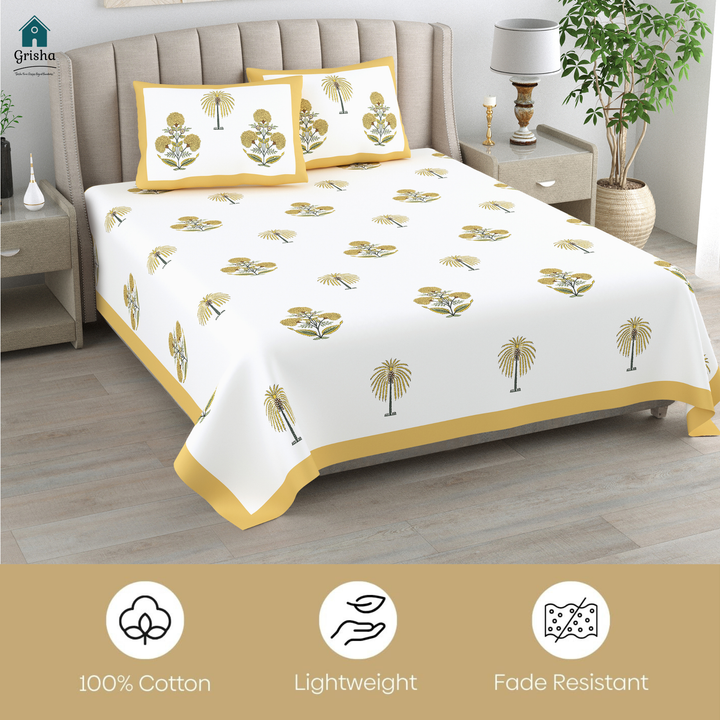 Palm Gul Pure Cotton King Size Bedsheet –  95 x 108 inch | 186 TC White & Yellow