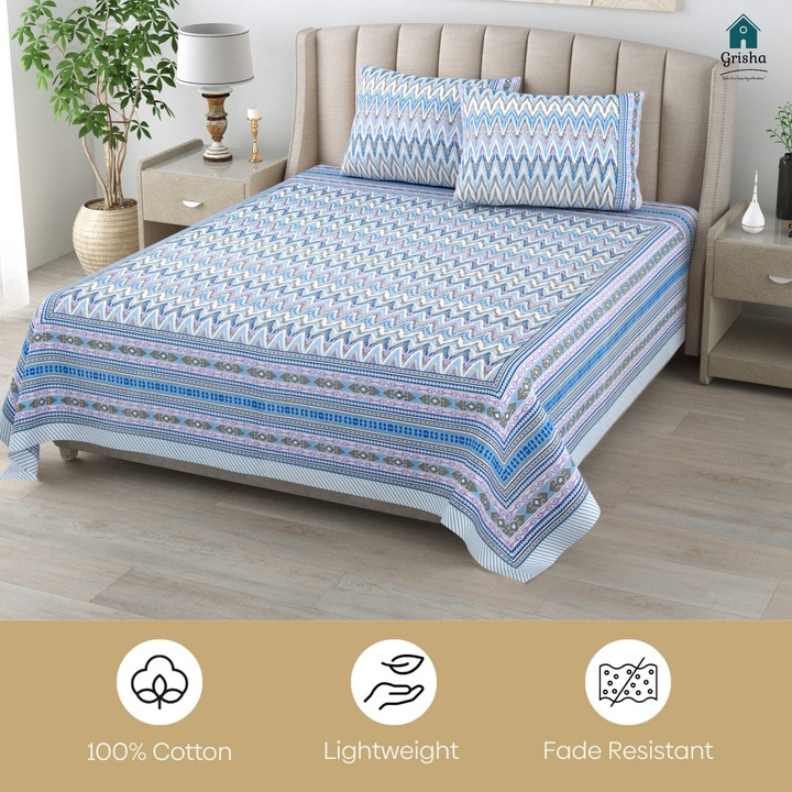 Neel Leher Pure Cotton King Size Bedsheet –  95 x 108 inch | 186 TC Blue
