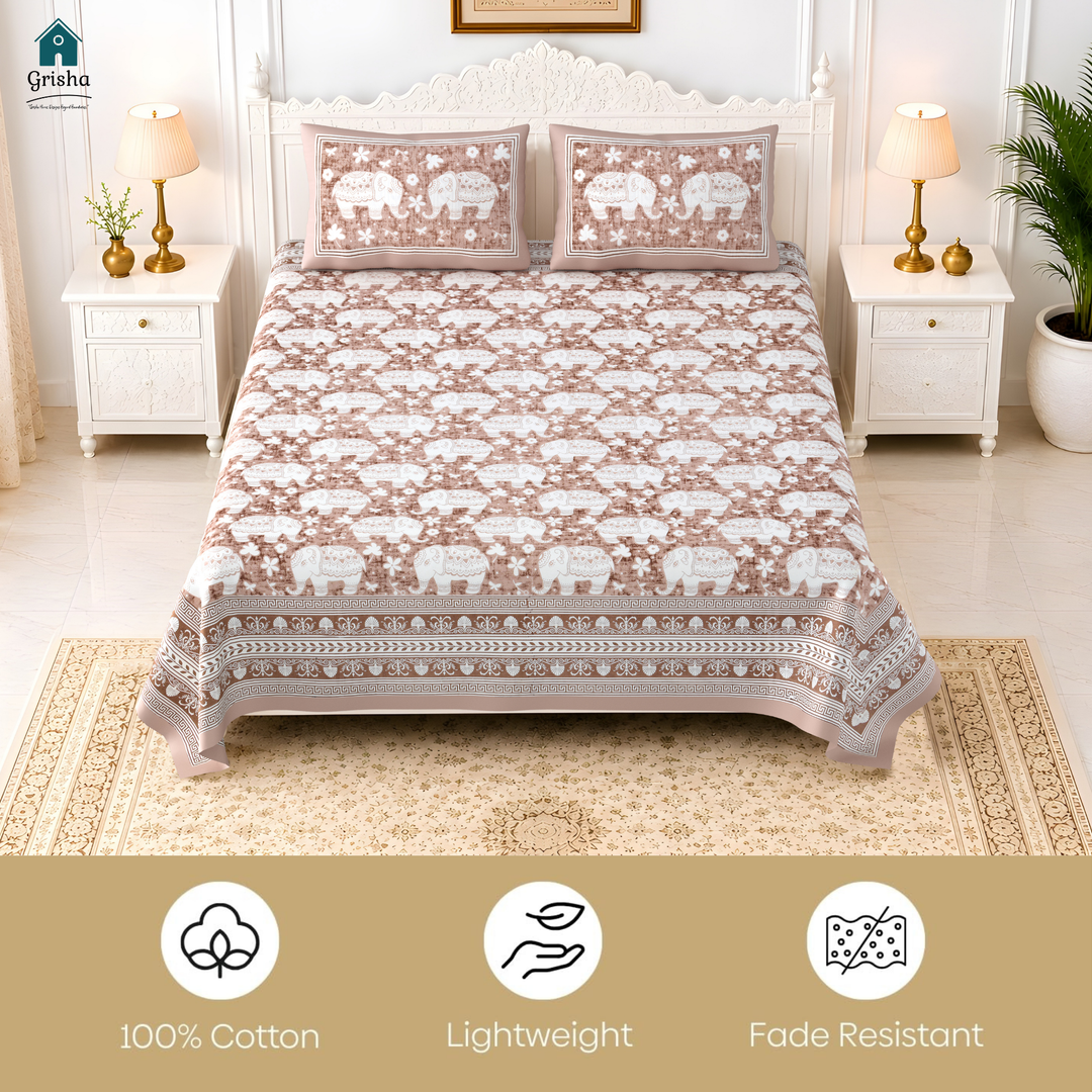 Gajraj Bloom Pure Cotton King Size Bedsheet – 108 x 108 inch | 186 TC Brown