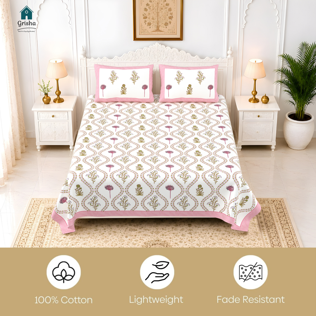 Sunehri Vatika Pure Cotton King Size Bedsheet –  108 x 108 inch | 186 TC Pink & White