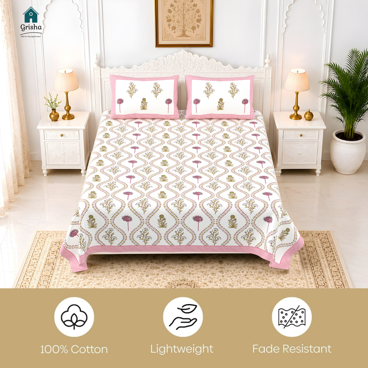 Sunehri Vatika Pure Cotton King Size Bedsheet –  108 x 108 inch | 186 TC Pink & White