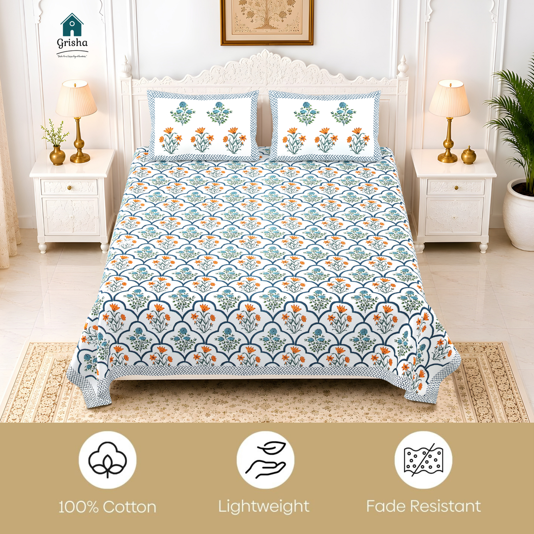 Gulbahar Pure Cotton King Size Bedsheet –  108 x 108 inch | 186 TC Blue & White