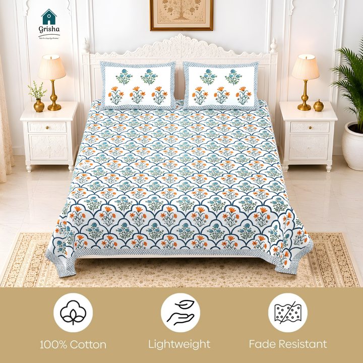 Gulbahar Pure Cotton King Size Bedsheet –  108 x 108 inch | 186 TC Blue & White