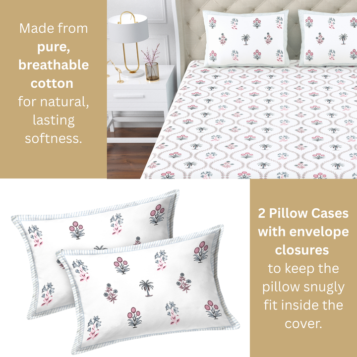 Gul Aangan Pure Cotton King Size Bedsheet – 95 x 108 inch | 186 TC White