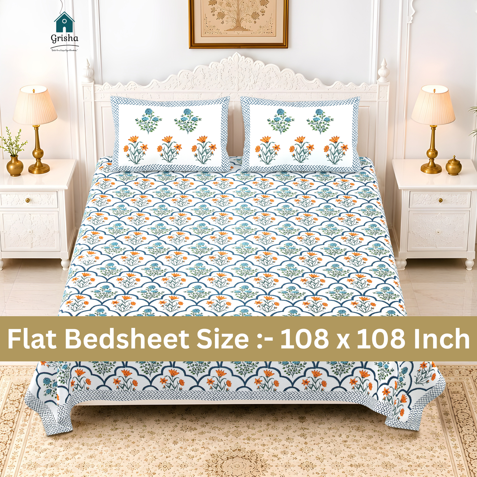 Rajasthani Pure Cotton King Size Bedsheet Flat / Fitted for Double Bed