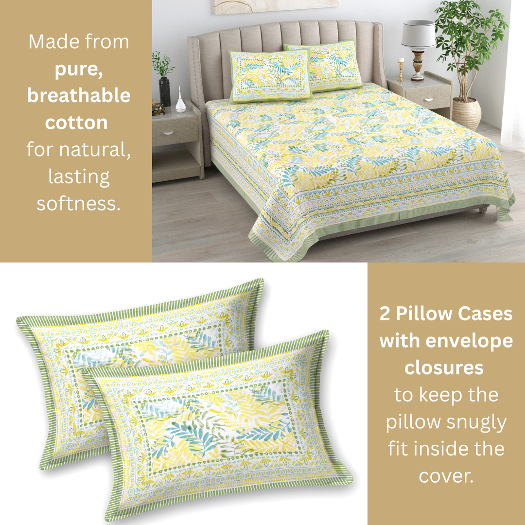 Dhara Leaf Pure Cotton King Size Bedsheet – 95 x 108 inch | 186 TC Green