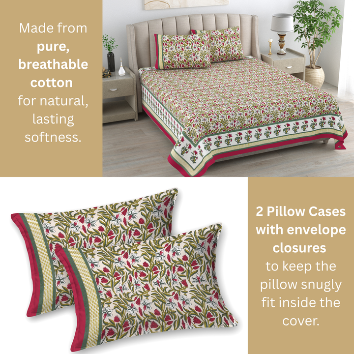 Phool Bagh Pure Cotton King Size Bedsheet –  95 x 108 inch | 186 TC Maroon