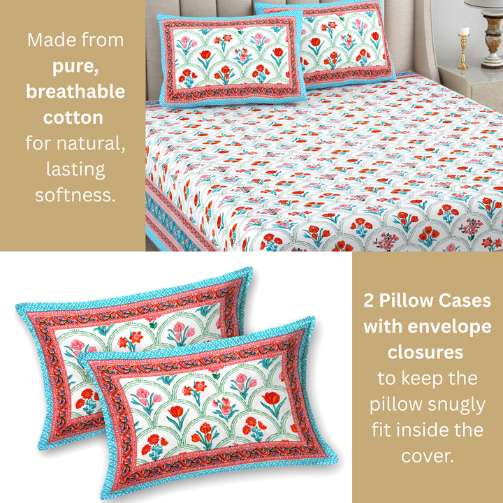 Gul Buti Jaal Pure Cotton King Size Bedsheet –  95 x 108 inch | 186 TC Red & Blue