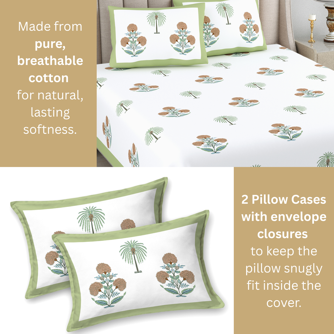 Palm Gul Pure Cotton King Size Bedsheet – 95 x 108 inch | 186 TC White & Green
