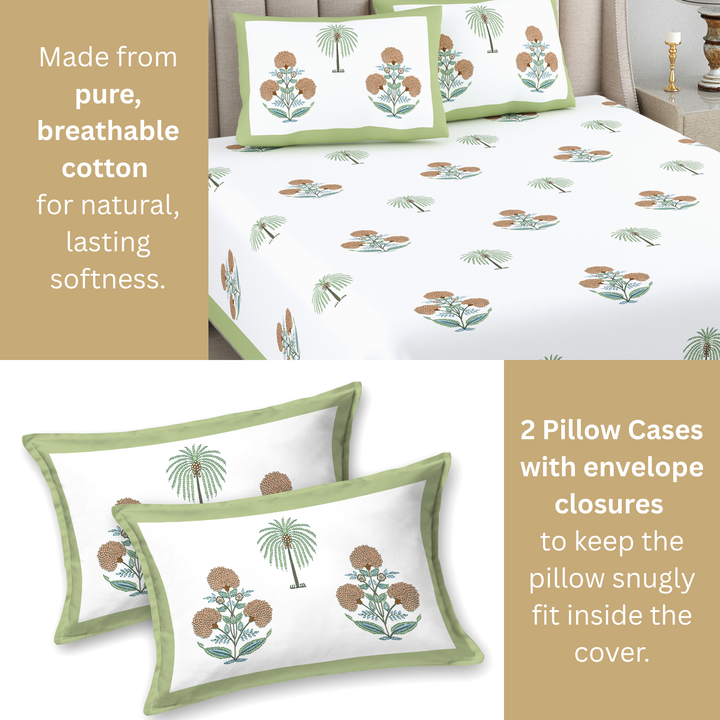 Palm Gul Pure Cotton King Size Bedsheet – 95 x 108 inch | 186 TC White & Green