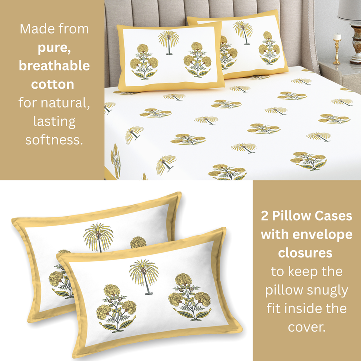 Palm Gul Pure Cotton King Size Bedsheet –  95 x 108 inch | 186 TC White & Yellow