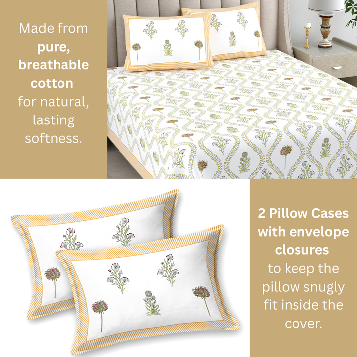 Meher Bloom Pure Cotton King Size Bedsheet – 95 x 108 inch | 186 TC Beige