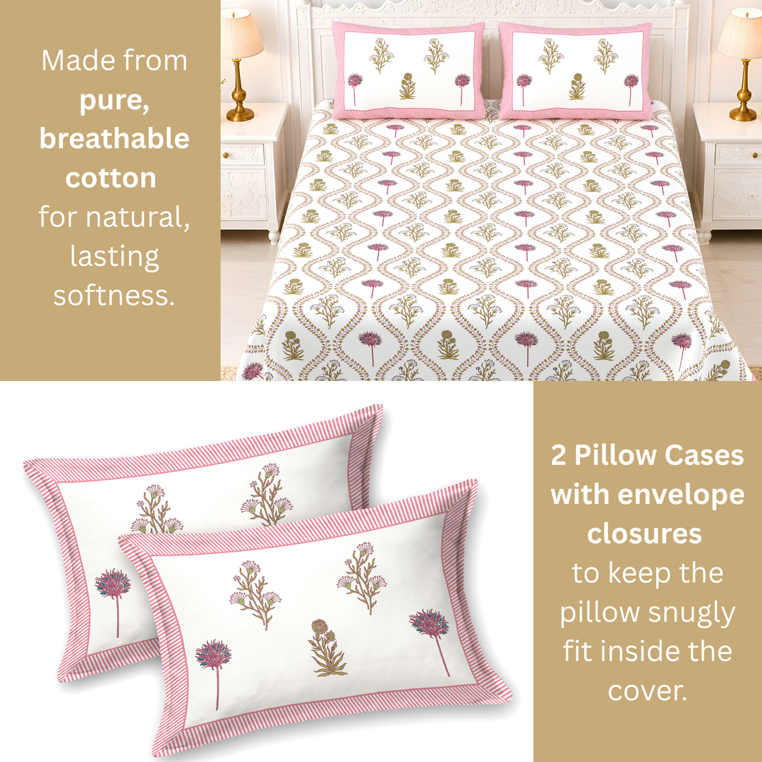 Sunehri Vatika Pure Cotton King Size Bedsheet –  108 x 108 inch | 186 TC Pink & White