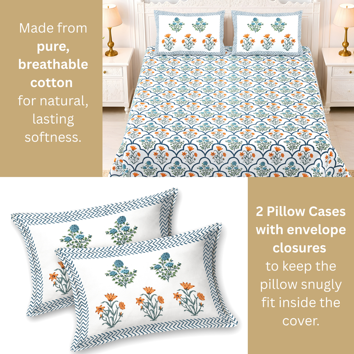 Gulbahar Pure Cotton King Size Bedsheet –  108 x 108 inch | 186 TC Blue & White