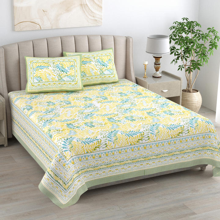 Dhara Leaf Pure Cotton King Size Bedsheet – 95 x 108 inch | 186 TC Green