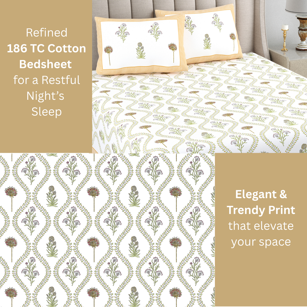 Meher Bloom Pure Cotton King Size Bedsheet – 95 x 108 inch | 186 TC Beige