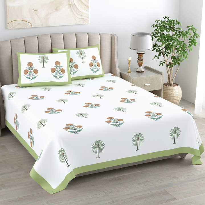 Palm Gul Pure Cotton King Size Bedsheet – 95 x 108 inch | 186 TC White & Green
