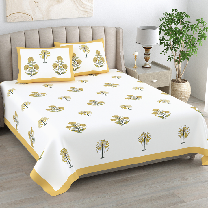 Palm Gul Pure Cotton King Size Bedsheet –  95 x 108 inch | 186 TC White & Yellow