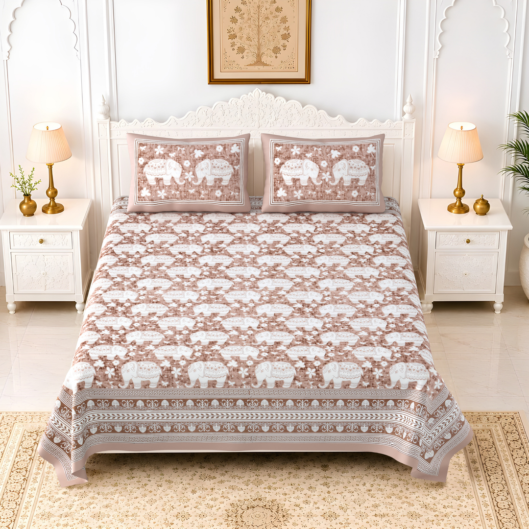 Gajraj Bloom Pure Cotton King Size Bedsheet – 108 x 108 inch | 186 TC Brown