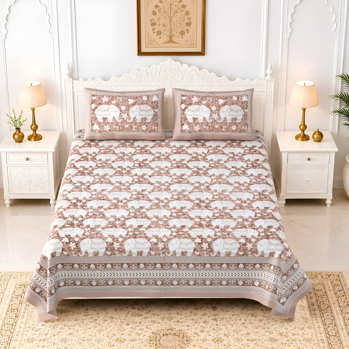 Gajraj Bloom Pure Cotton King Size Bedsheet – 108 x 108 inch | 186 TC Brown