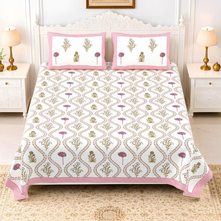 Sunehri Vatika Pure Cotton King Size Bedsheet –  108 x 108 inch | 186 TC Pink & White