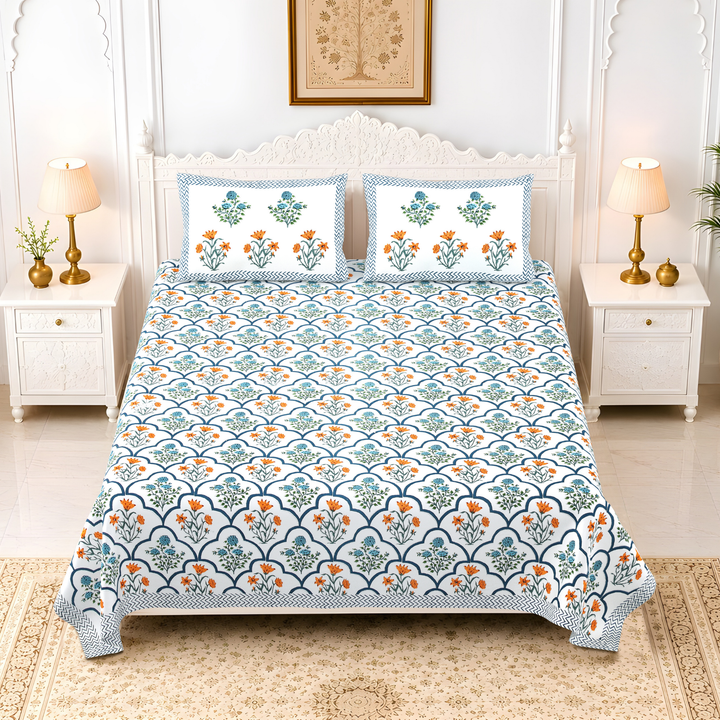 Gulbahar Pure Cotton King Size Bedsheet –  108 x 108 inch | 186 TC Blue & White