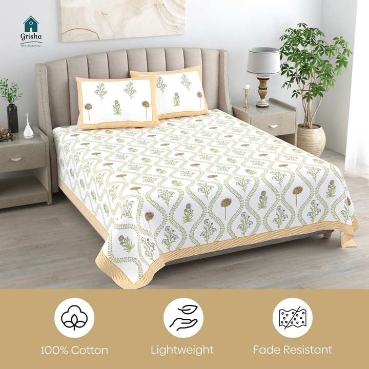 Meher Bloom Pure Cotton King Size Bedsheet – 95 x 108 inch | 186 TC Beige