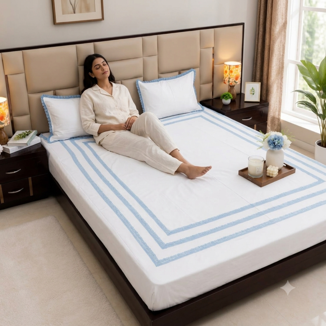 Blossom Lace Embroidered Pure Linen Cotton King Size Bedsheet, 400 TC Blue and White
