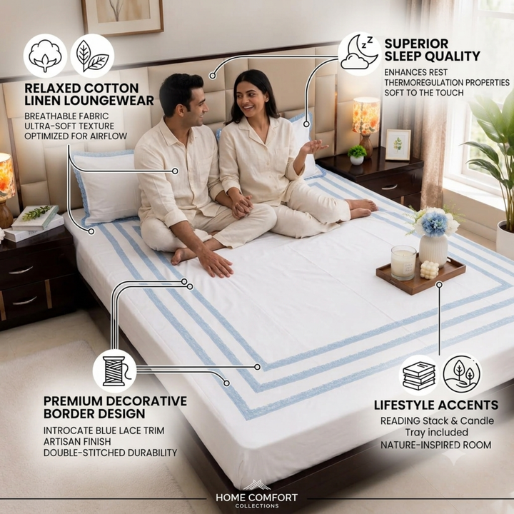 Blossom Lace Embroidered Pure Linen Cotton King Size Bedsheet, 400 TC Blue and White