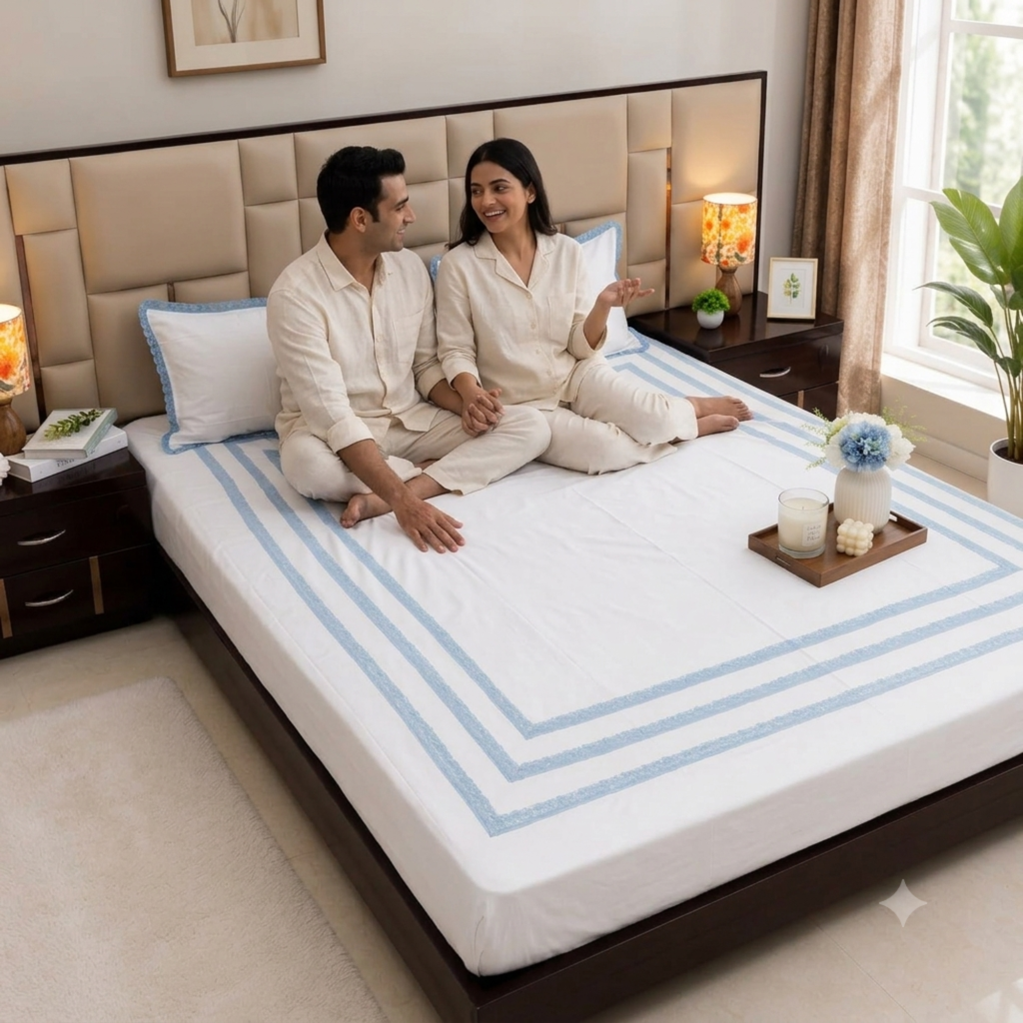 Blossom Lace Embroidered Pure Linen Cotton King Size Bedsheet, 400 TC Blue and White