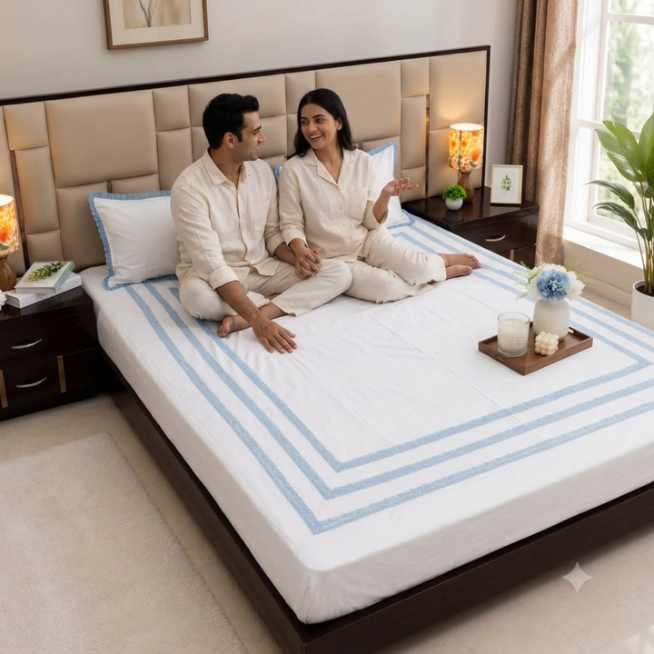 Blossom Lace Embroidered Pure Linen Cotton King Size Bedsheet, 400 TC Blue and White