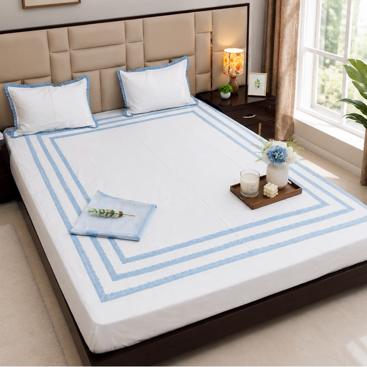 Blossom Lace Embroidered Pure Linen Cotton King Size Bedsheet, 400 TC Blue and White