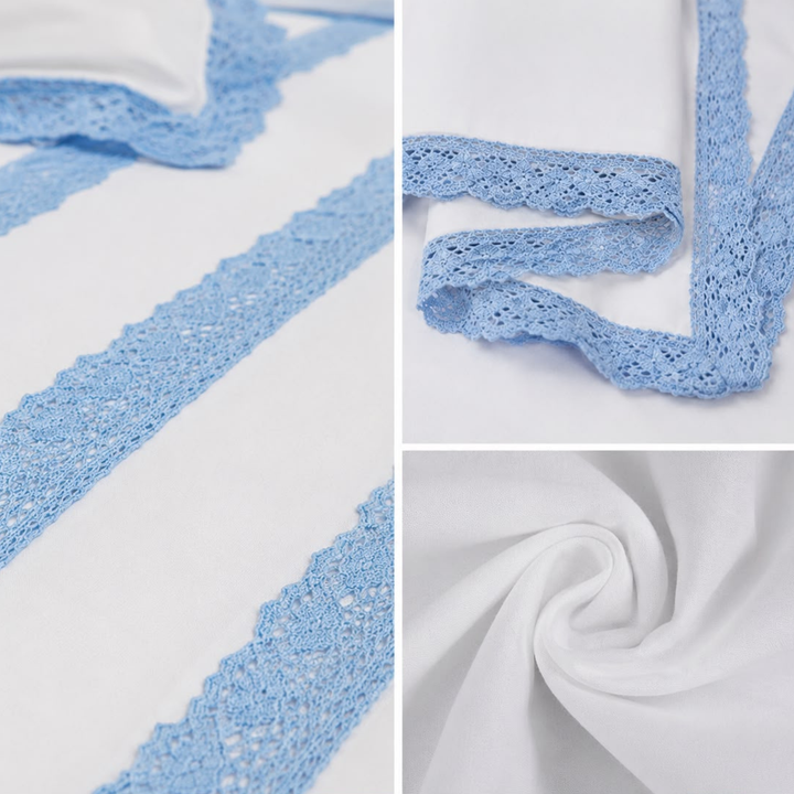 Blossom Lace Embroidered Pure Linen Cotton King Size Bedsheet, 400 TC Blue and White