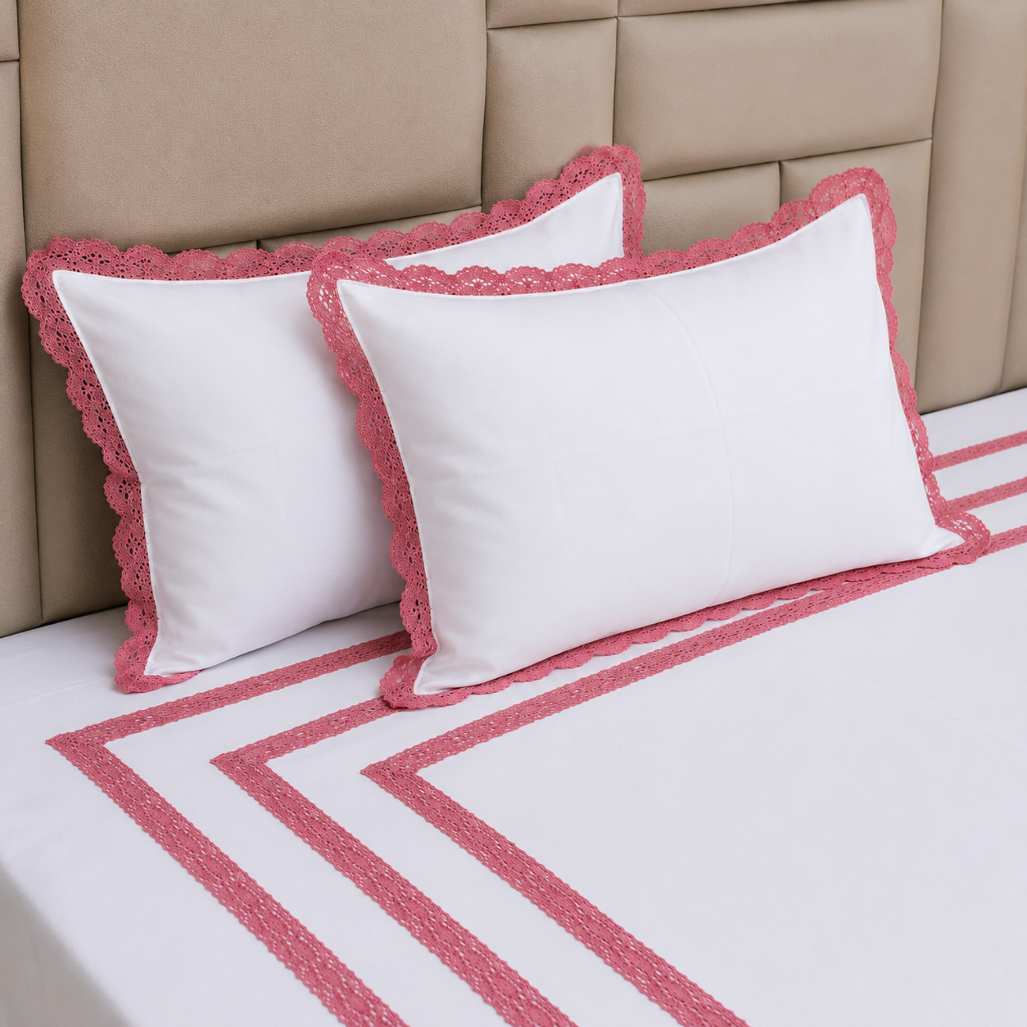 Blossom Lace Embroidered Pure Linen Cotton King Size Bedsheet, 400 TC Pink and White