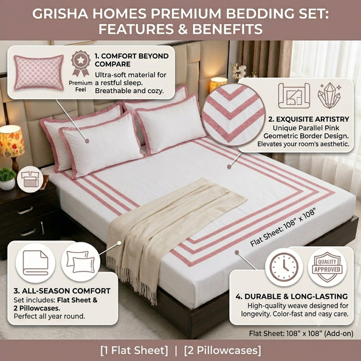 Blossom Lace Embroidered Pure Linen Cotton King Size Bedsheet, 400 TC Pink and White