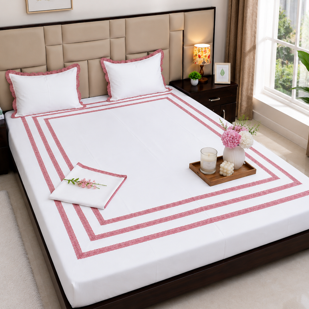 Blossom Lace Embroidered Pure Linen Cotton King Size Bedsheet, 400 TC Pink and White