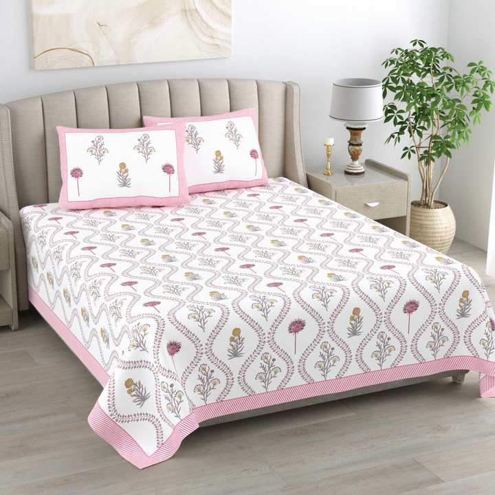 Meher Bloom Pure Cotton King Size Bedsheet – 95 x 108 inch | 186 TC Pink