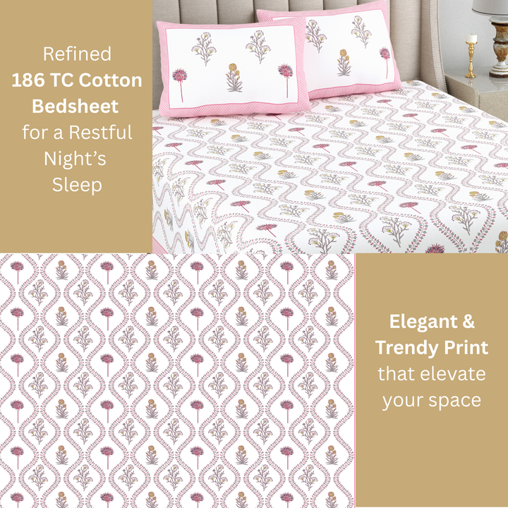 Meher Bloom Pure Cotton King Size Bedsheet – 95 x 108 inch | 186 TC Pink