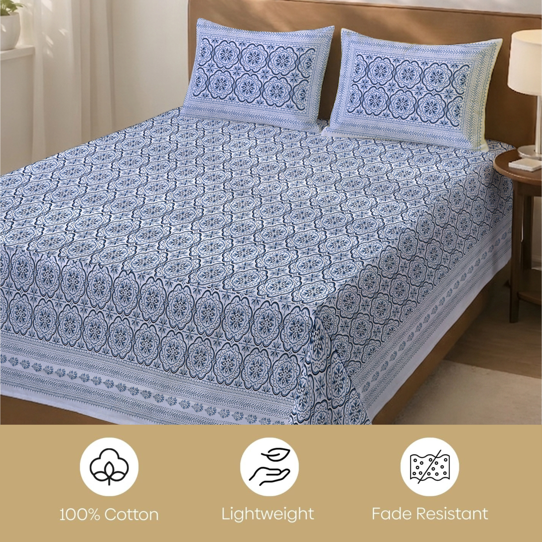 Noor Rani Pure Cotton King Size Flat Bedsheet - 186 Tc Blue