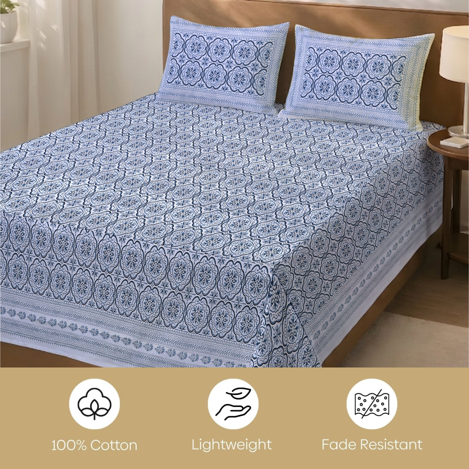 Noor Rani Pure Cotton King Size Flat Bedsheet - 186 Tc