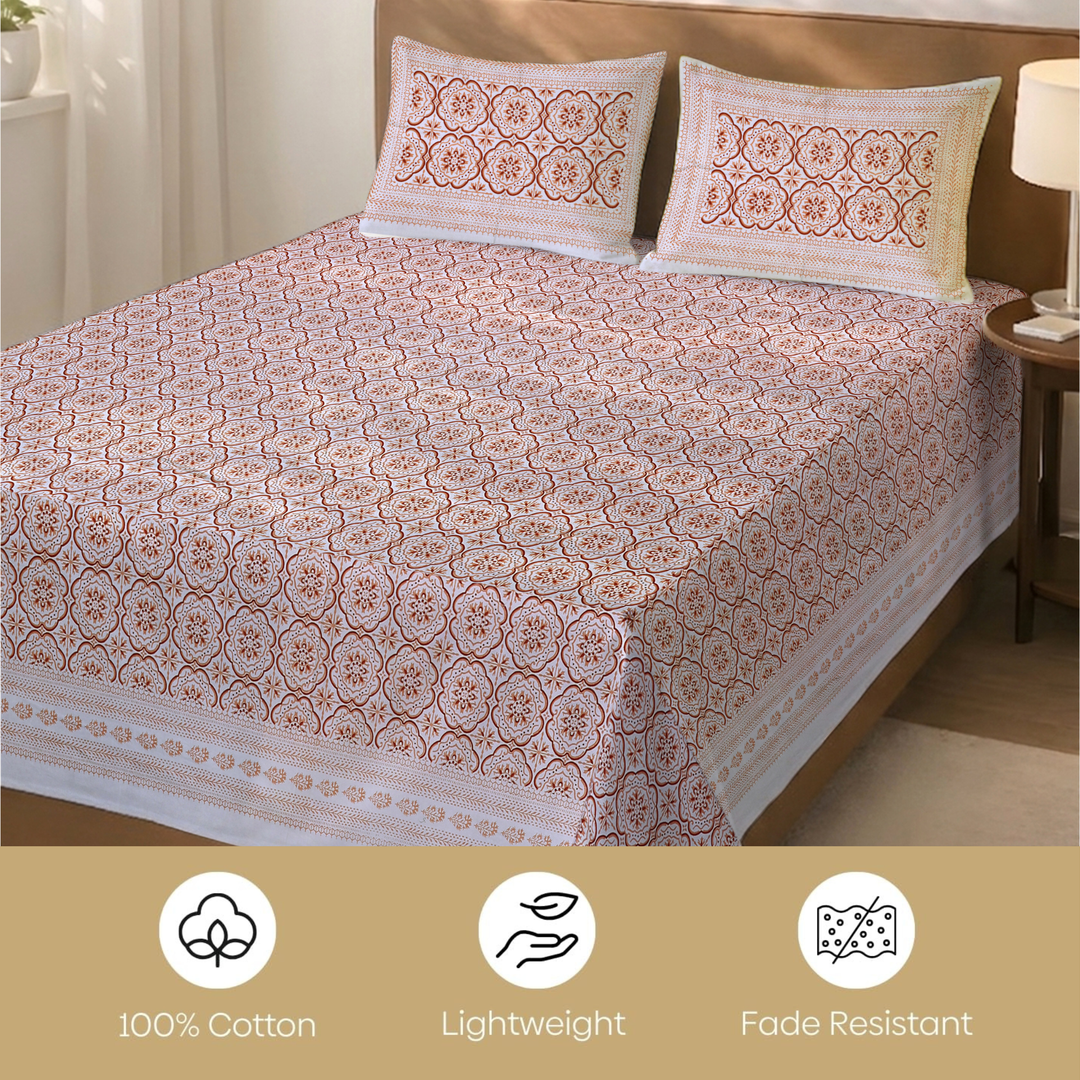 Noor Rani Pure Cotton King Size Flat Bedsheet - 186 Tc Orange