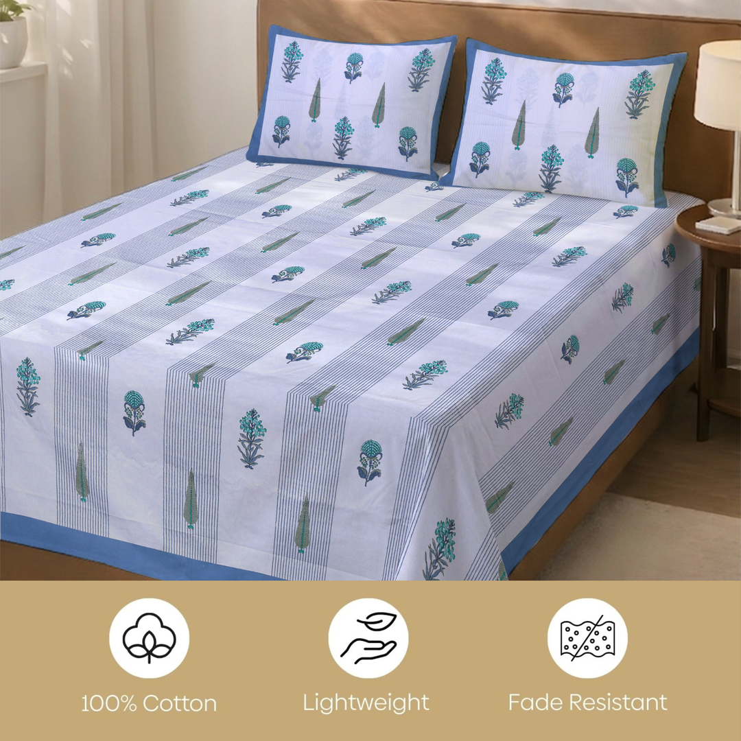 Palm Blossom Pure Cotton King Size Flat Bedsheet - 186 Tc Blue