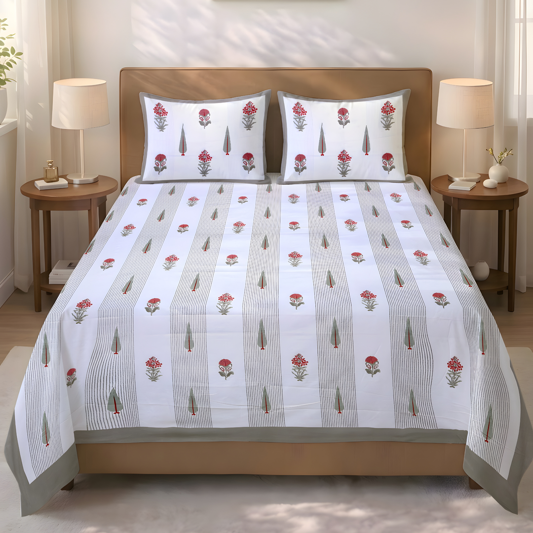 Palm Blossom Pure Cotton King Size Flat Bedsheet - 186 Tc Grey