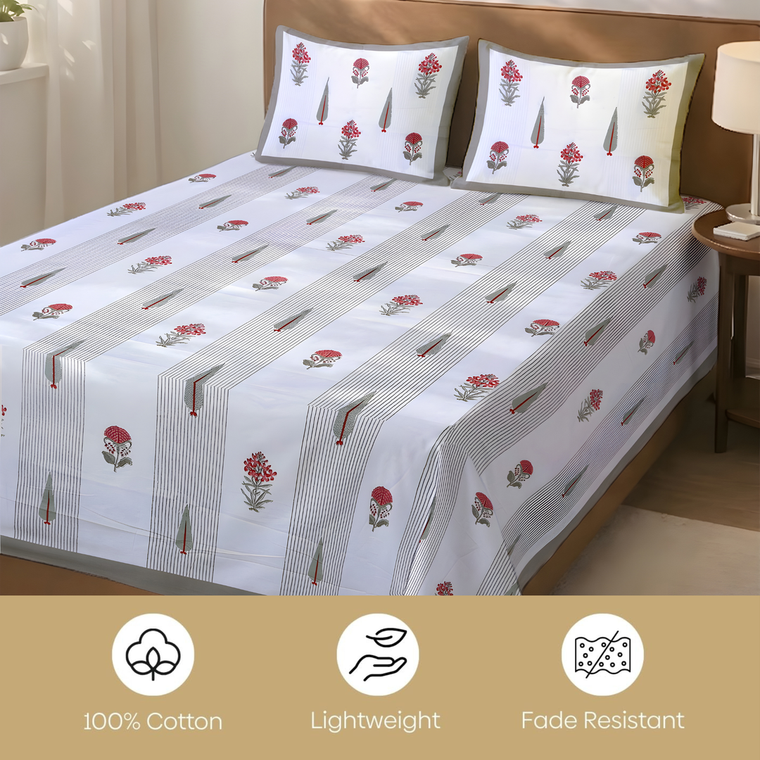 Palm Blossom Pure Cotton King Size Flat Bedsheet - 186 Tc Grey
