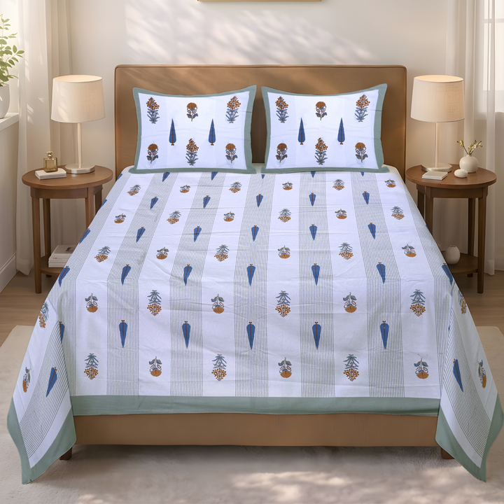 Palm Blossom Pure Cotton King Size Flat Bedsheet - 186 Tc Light Green