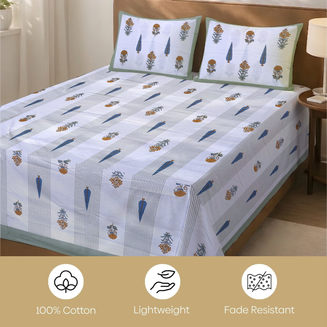 Palm Blossom Pure Cotton King Size Flat Bedsheet - 186 Tc Light Green