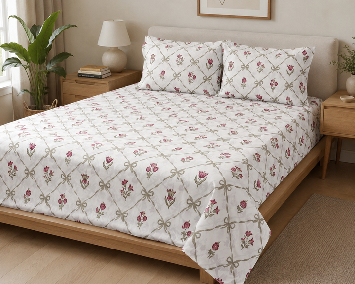 Phoolwari 100% Pure Cotton King Size Bedsheet, 300 TC (108" x 108", Pink)