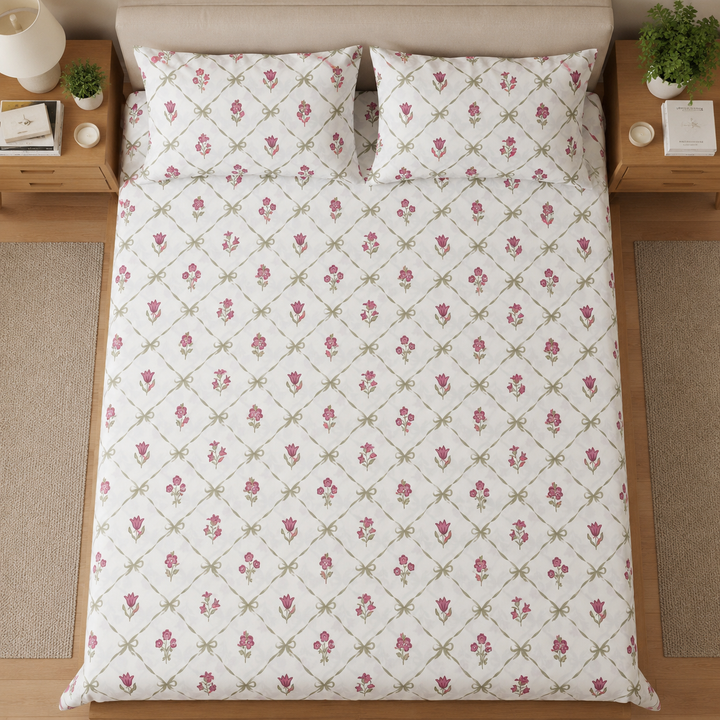 Phoolwari 100% Pure Cotton King Size Bedsheet, 300 TC (108" x 108", Pink)